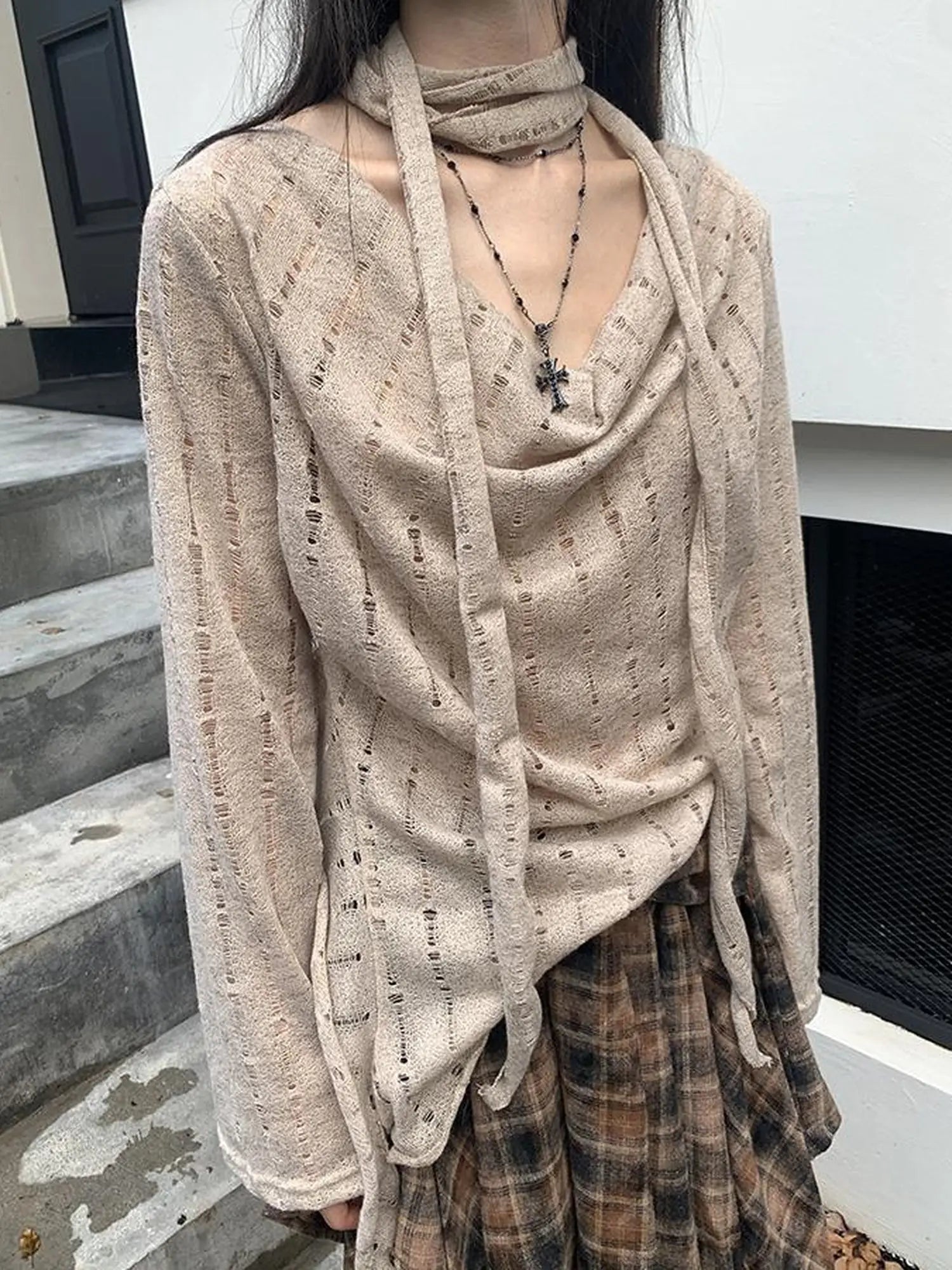 Wasteland Asymmetrical Collar Knit Top With Scarf
