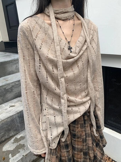 Wasteland Asymmetrical Collar Knit Top With Scarf
