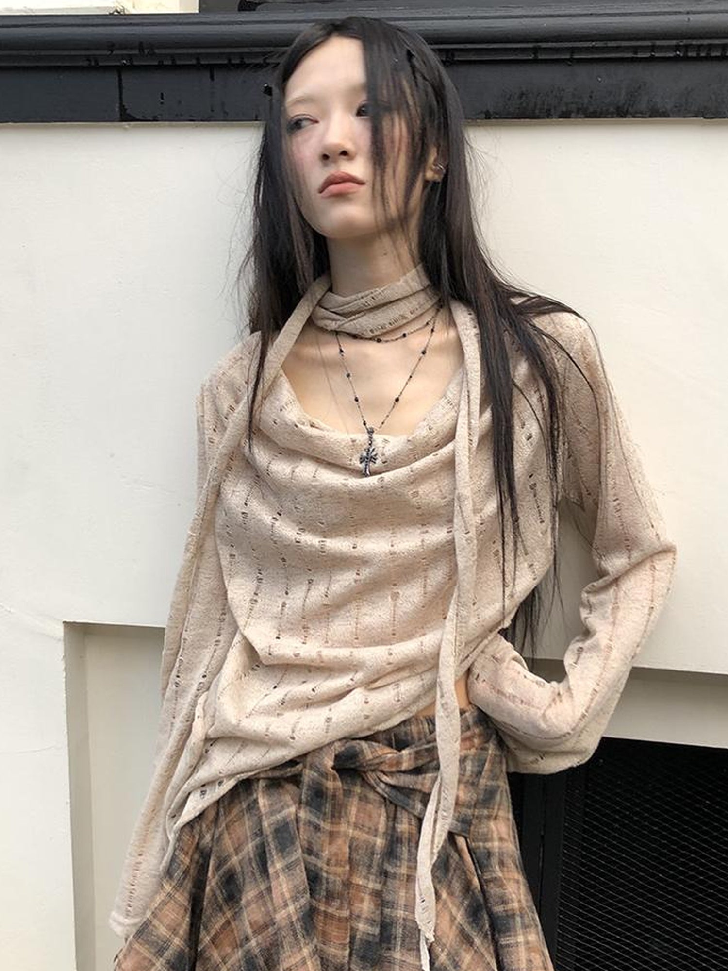 ang project Wasteland Asymmetrical Collar Knit Top With Scarf