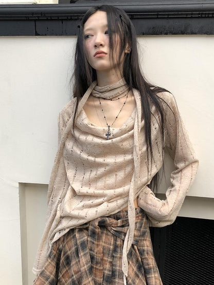 ang project Wasteland Asymmetrical Collar Knit Top With Scarf
