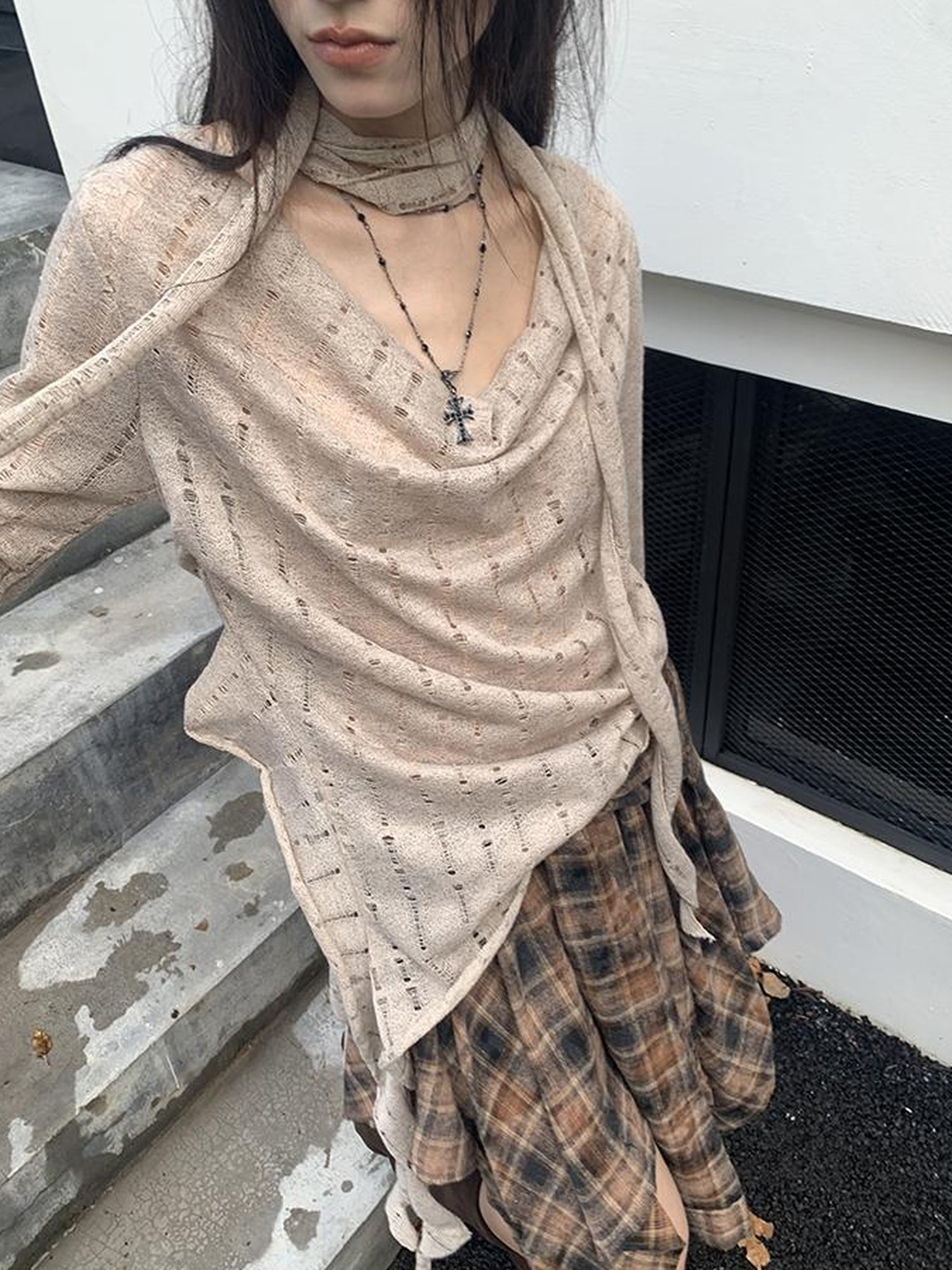 ang project Wasteland Asymmetrical Collar Knit Top With Scarf