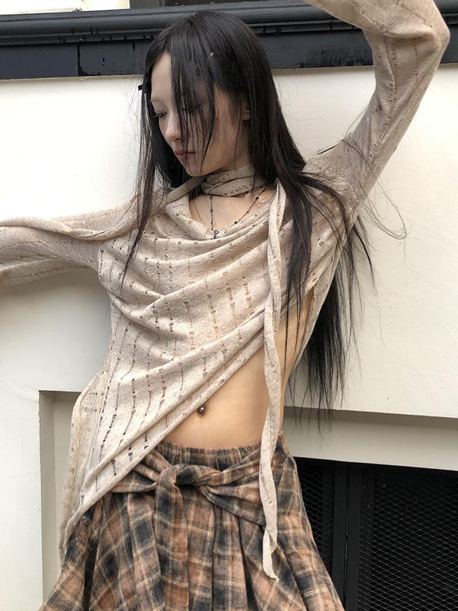 ang project Wasteland Asymmetrical Collar Knit Top With Scarf