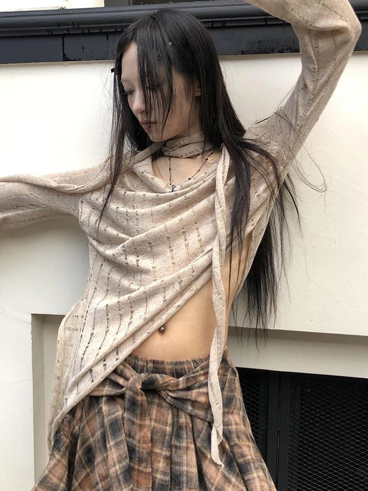 Wasteland Asymmetrical Collar Knit Top With Scarf