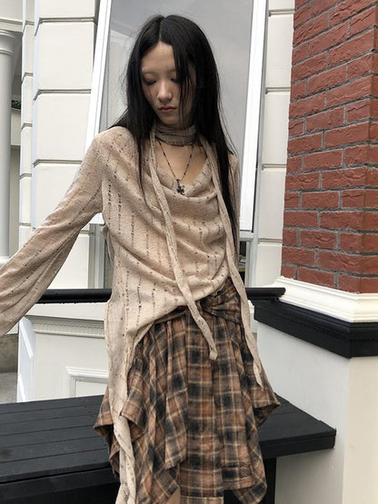 ang project Wasteland Asymmetrical Collar Knit Top With Scarf