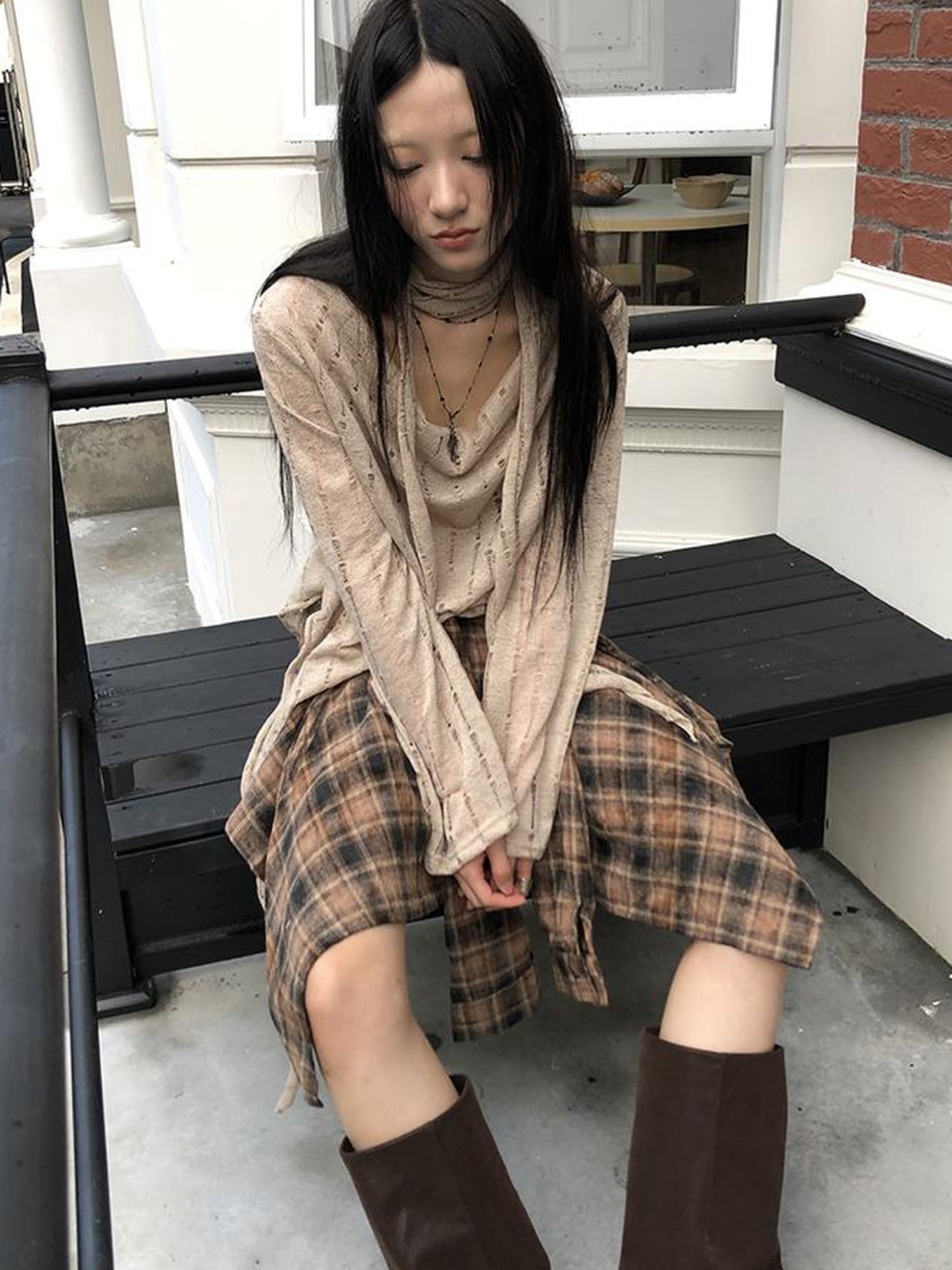 ang project Wasteland Asymmetrical Collar Knit Top With Scarf