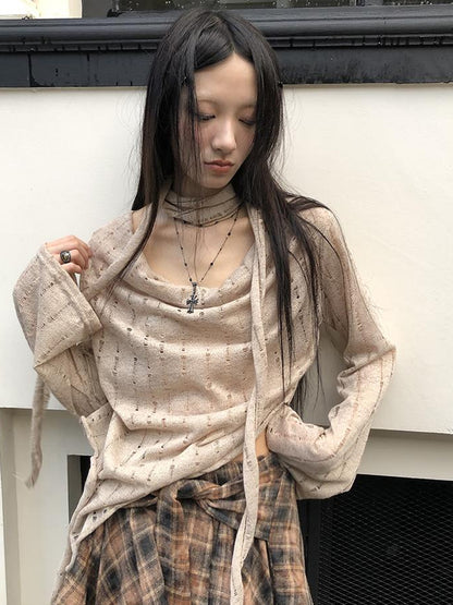 ang project Wasteland Asymmetrical Collar Knit Top With Scarf
