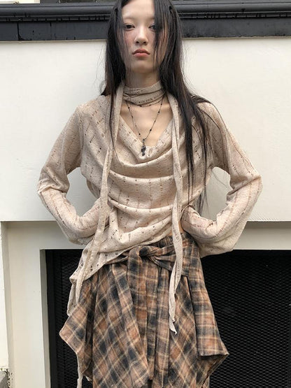 ang project Wasteland Asymmetrical Collar Knit Top With Scarf
