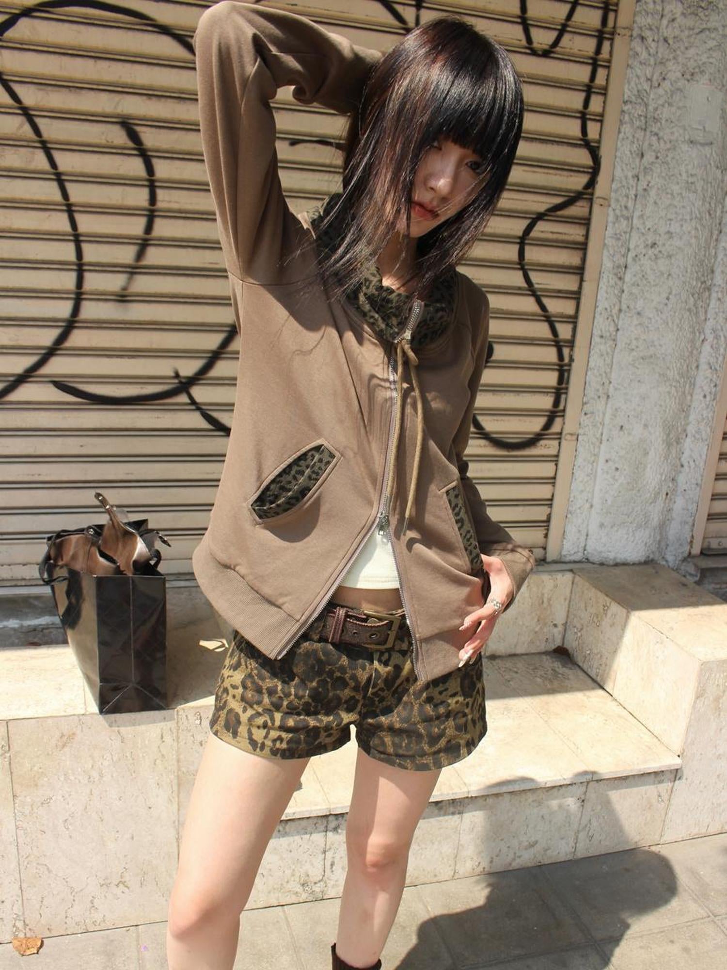 ang project Wasteland Patchwork Zip Up Hoodie With Detachable Fur Trim