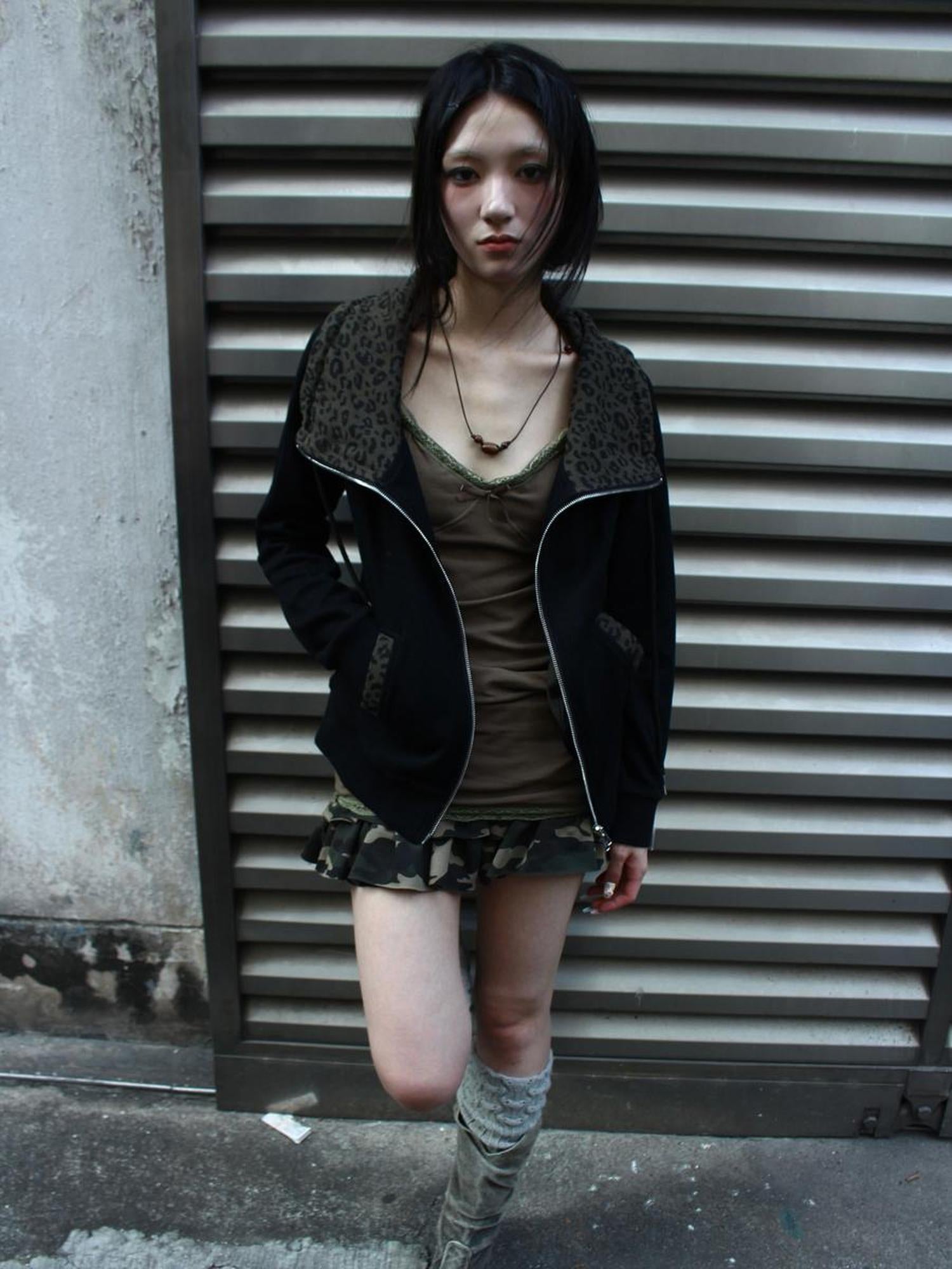 ang project Wasteland Patchwork Zip Up Hoodie With Detachable Fur Trim