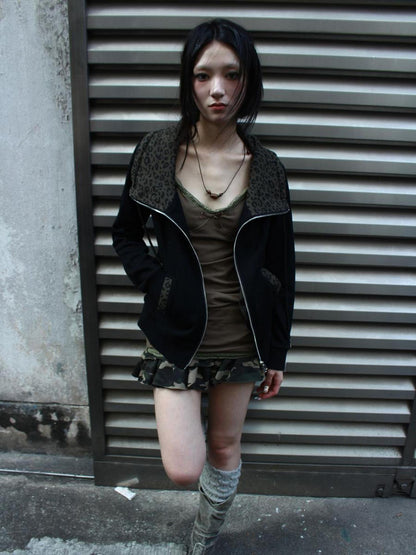 ang project Wasteland Patchwork Zip Up Hoodie With Detachable Fur Trim