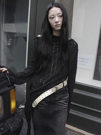 Wasteland Style Asymmetrical Collar Knit Top with Scarf