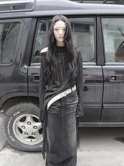 Wasteland Style Asymmetrical Collar Knit Top with Scarf