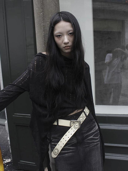 Wasteland Style Asymmetrical Collar Knit Top with Scarf