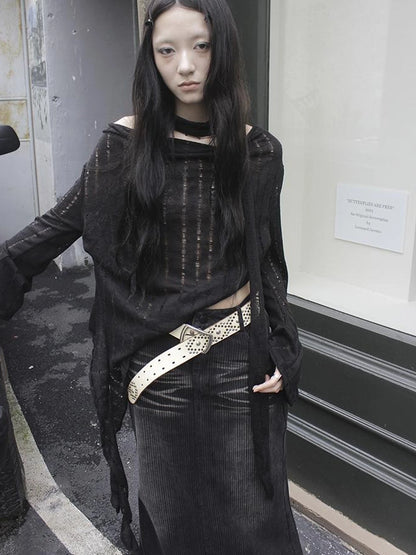 Wasteland Style Asymmetrical Collar Knit Top with Scarf