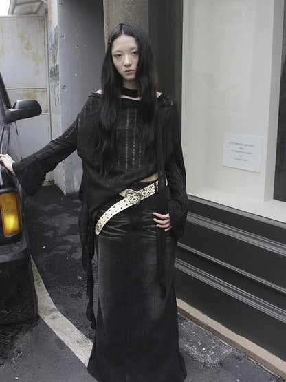 Wasteland Style Asymmetrical Collar Knit Top with Scarf