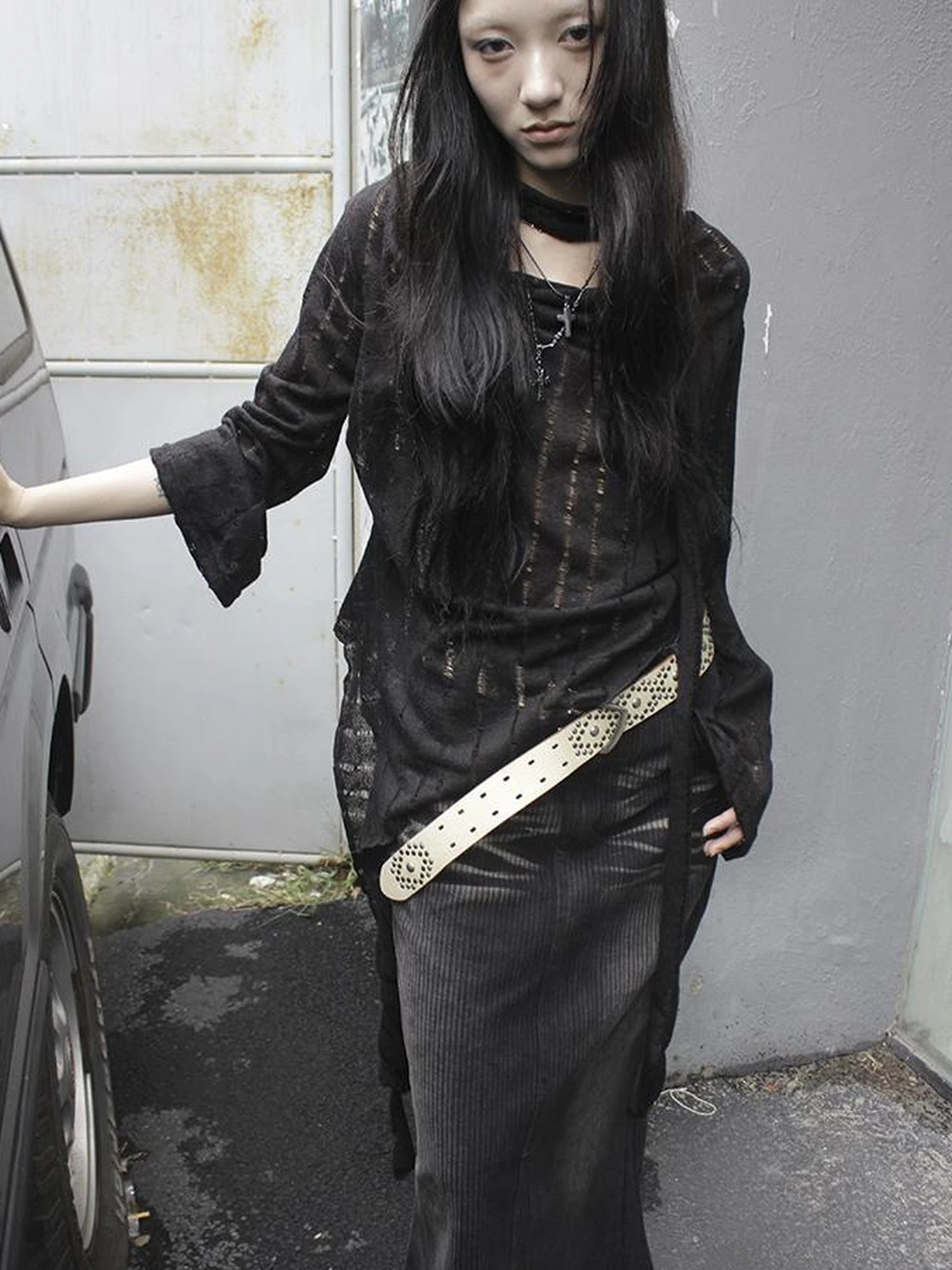 Wasteland Style Asymmetrical Collar Knit Top with Scarf