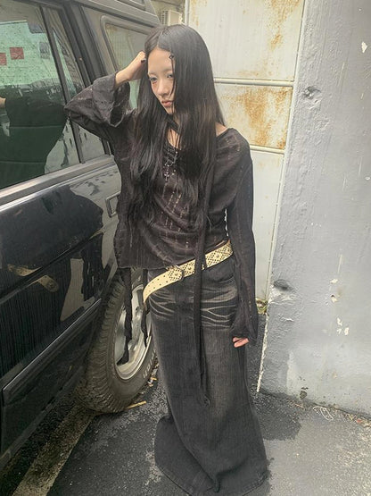 Wasteland Style Asymmetrical Collar Knit Top with Scarf