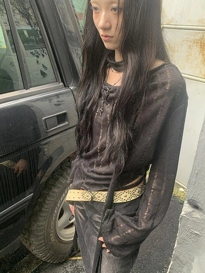 Wasteland Style Asymmetrical Collar Knit Top with Scarf