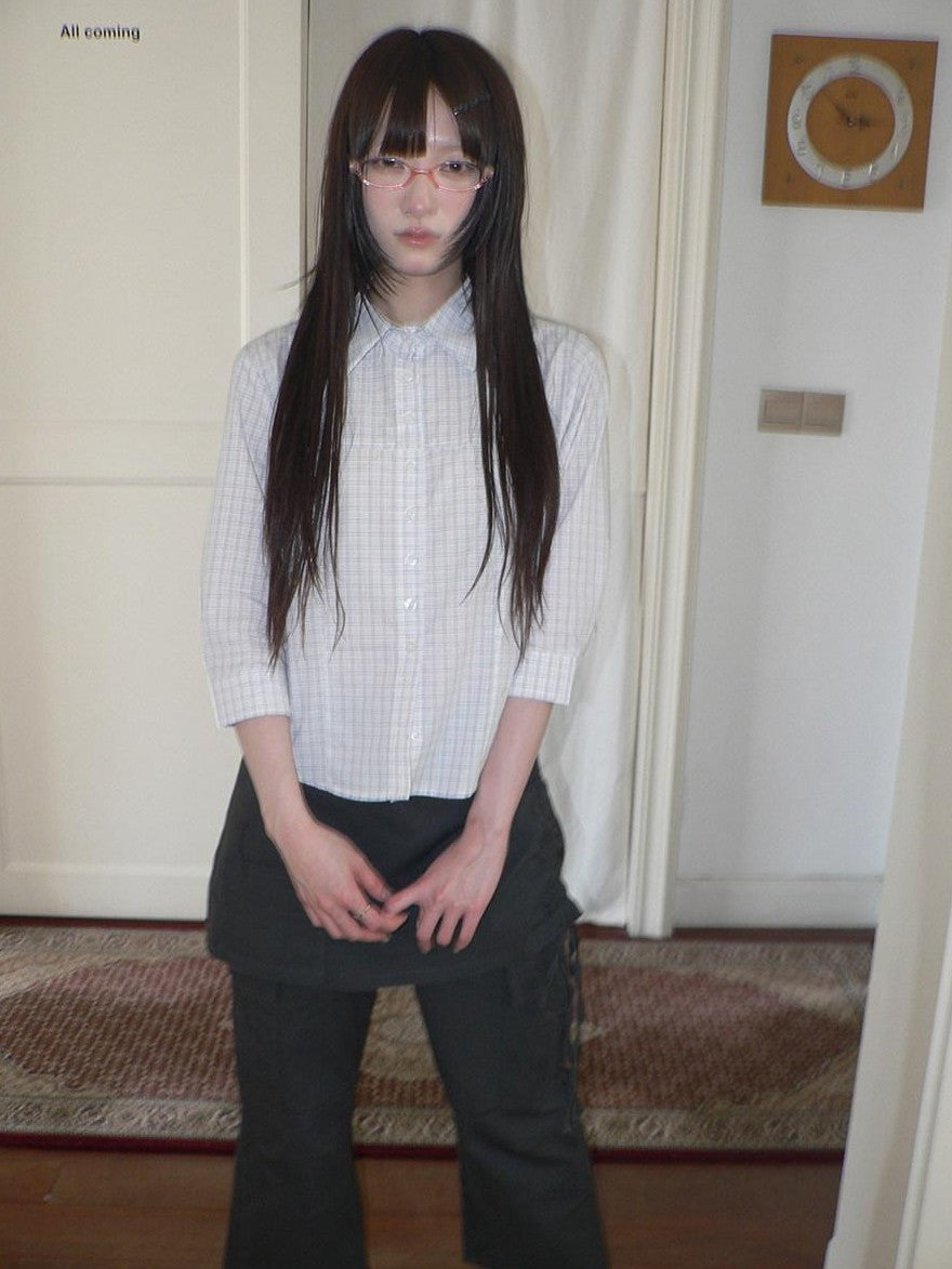 ang project White Check Lapel Button Cinched Waist Elbow Sleeve Women&