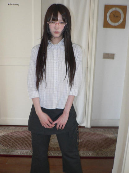 ang project White Check Lapel Button Cinched Waist Elbow Sleeve Women&