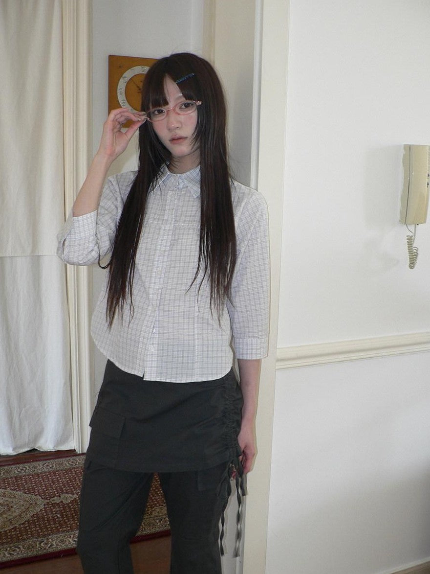 ang project White Check Lapel Button Cinched Waist Elbow Sleeve Women&