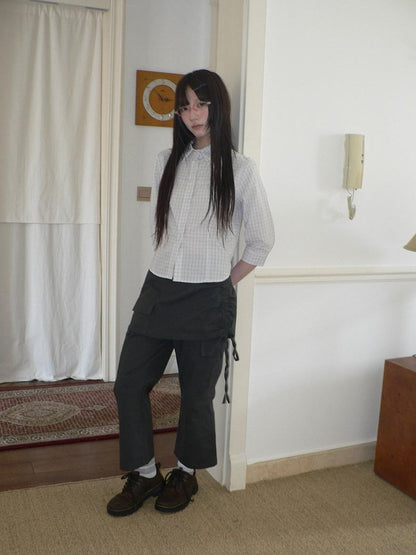 ang project White Check Lapel Button Cinched Waist Elbow Sleeve Women&