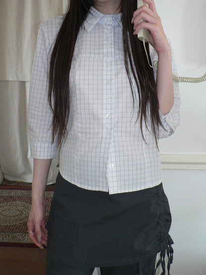 ang project White Check Lapel Button Cinched Waist Elbow Sleeve Women&