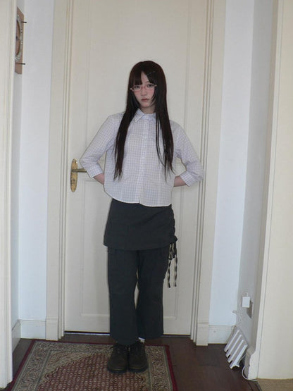 ang project White Check Lapel Button Cinched Waist Elbow Sleeve Women&