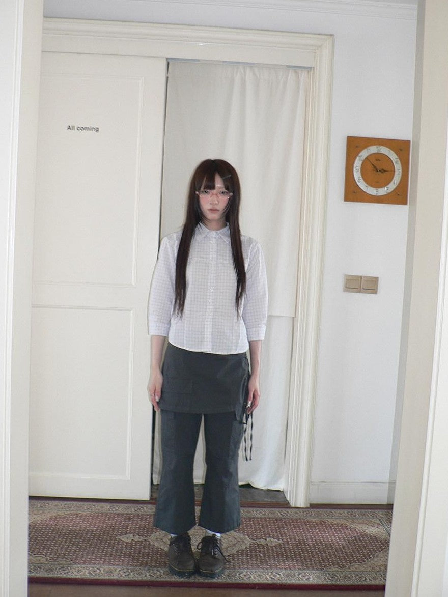 ang project White Check Lapel Button Cinched Waist Elbow Sleeve Women&
