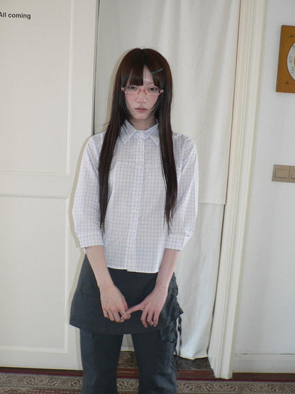 ang project White Check Lapel Button Cinched Waist Elbow Sleeve Women&