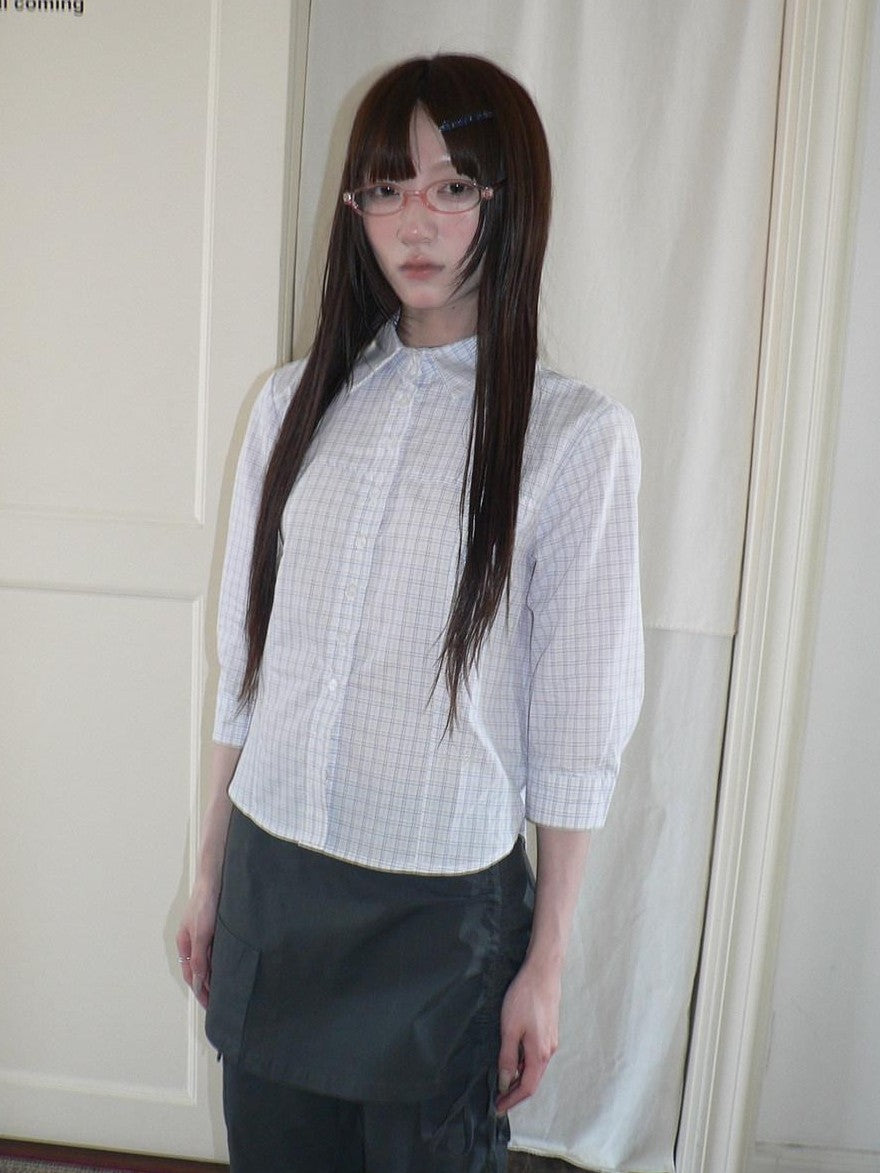 ang project White Check Lapel Button Cinched Waist Elbow Sleeve Women&