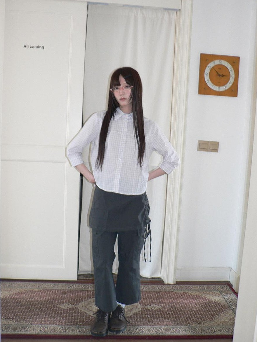 ang project White Check Lapel Button Cinched Waist Elbow Sleeve Women&