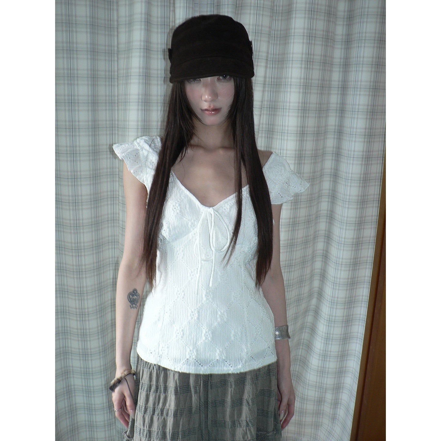 ang_project_White_Cutout_Embroidery_V-neck_Tie_Slim_Flutter_Sleeves_Women&