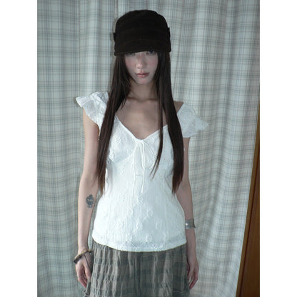 ang_project_White_Cutout_Embroidery_V-neck_Tie_Slim_Flutter_Sleeves_Women&