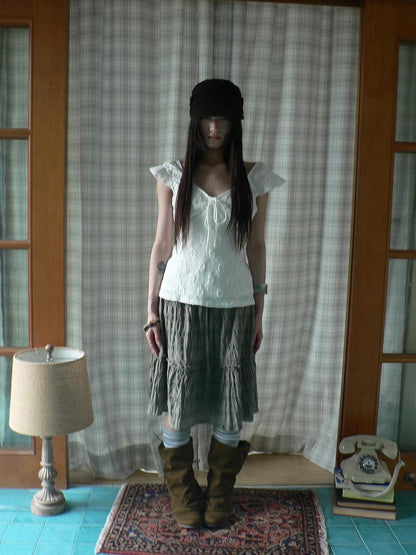ang project White Cutout Embroidery V-neck Tie Slim Flutter Sleeves Women&