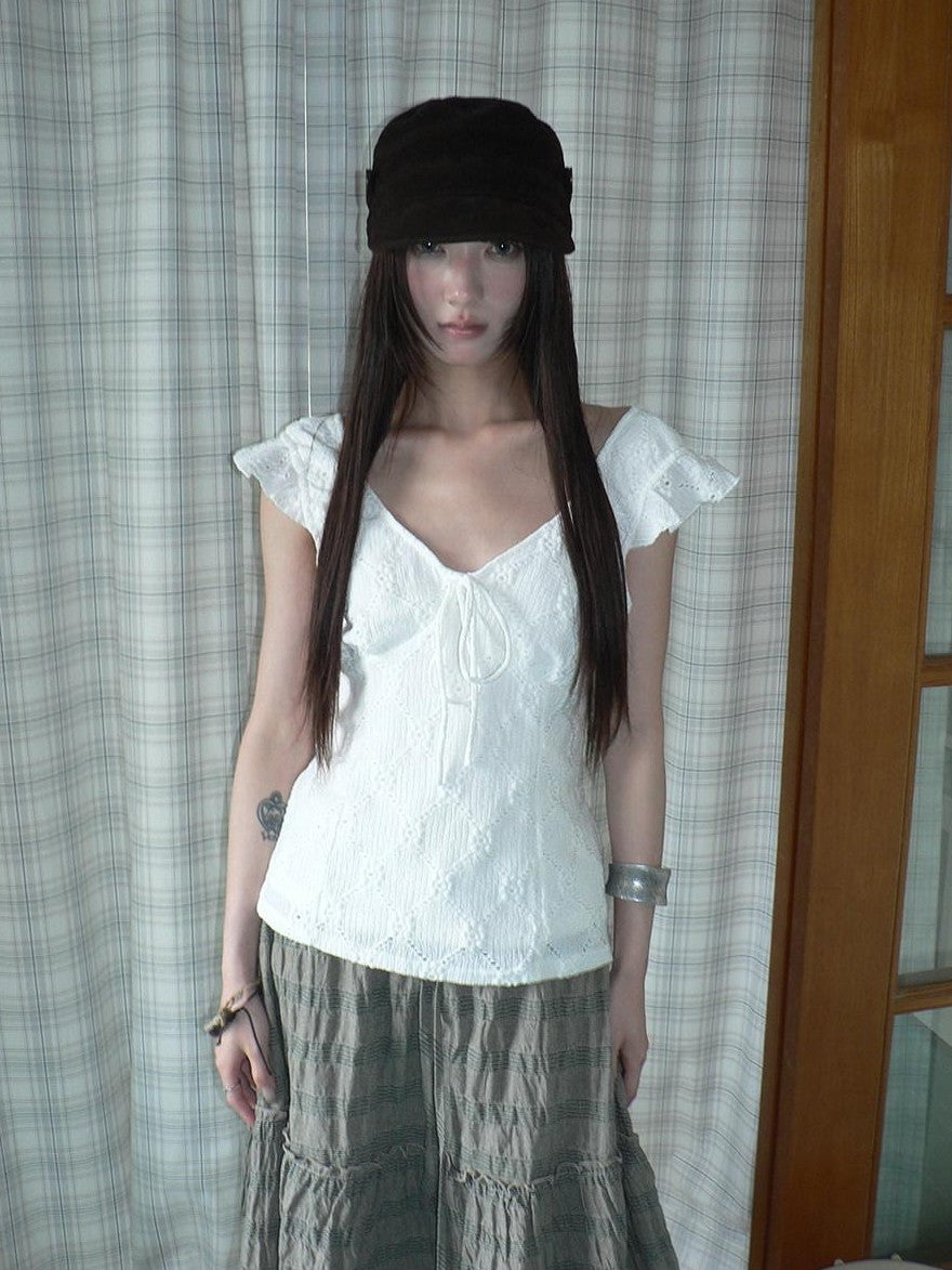 ang project White Cutout Embroidery V-neck Tie Slim Flutter Sleeves Women&