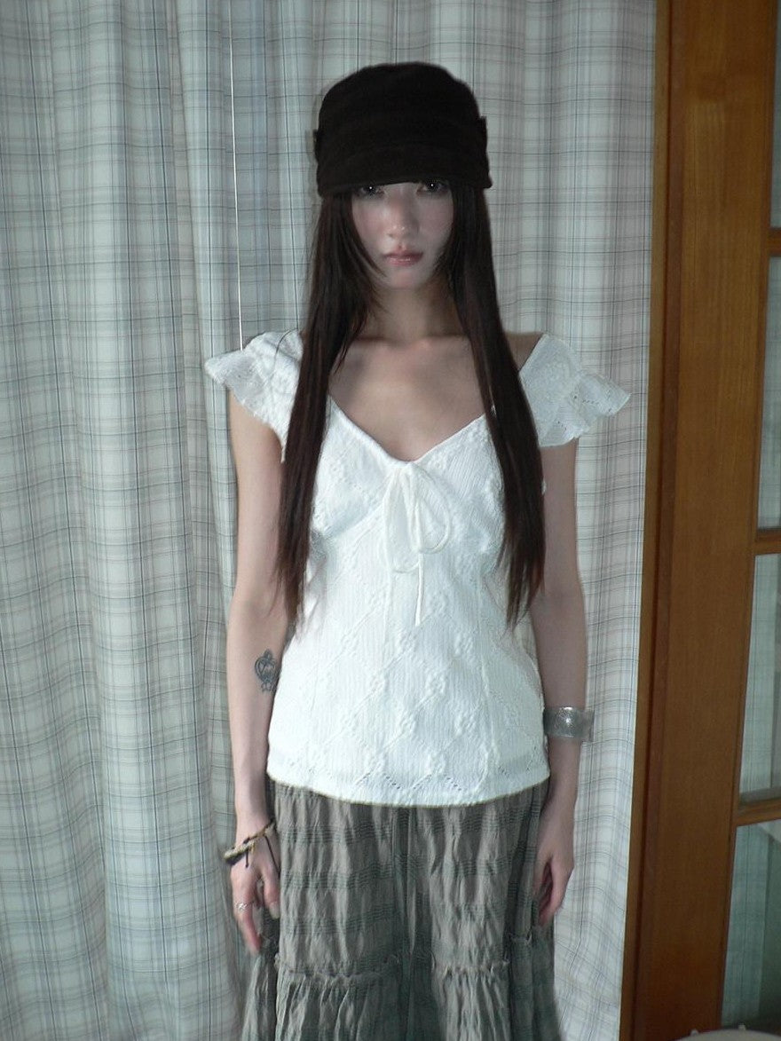 ang project White Cutout Embroidery V-neck Tie Slim Flutter Sleeves Women&