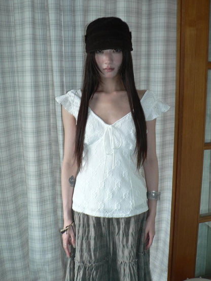 ang project White Cutout Embroidery V-neck Tie Slim Flutter Sleeves Women&