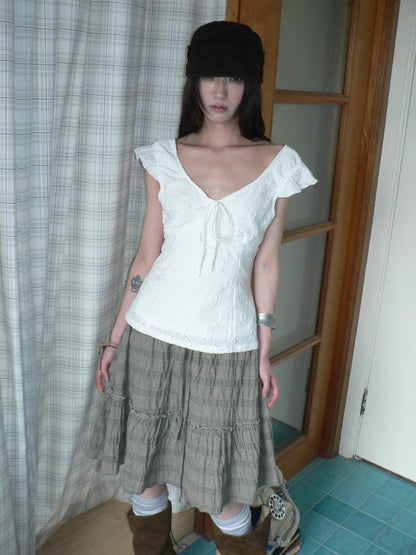 ang project White Cutout Embroidery V-neck Tie Slim Flutter Sleeves Women&