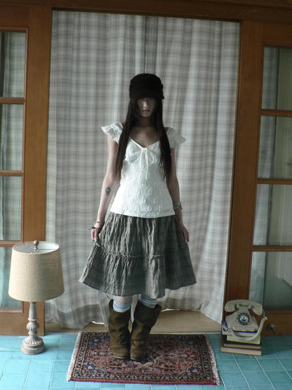 ang project White Cutout Embroidery V-neck Tie Slim Flutter Sleeves Women&