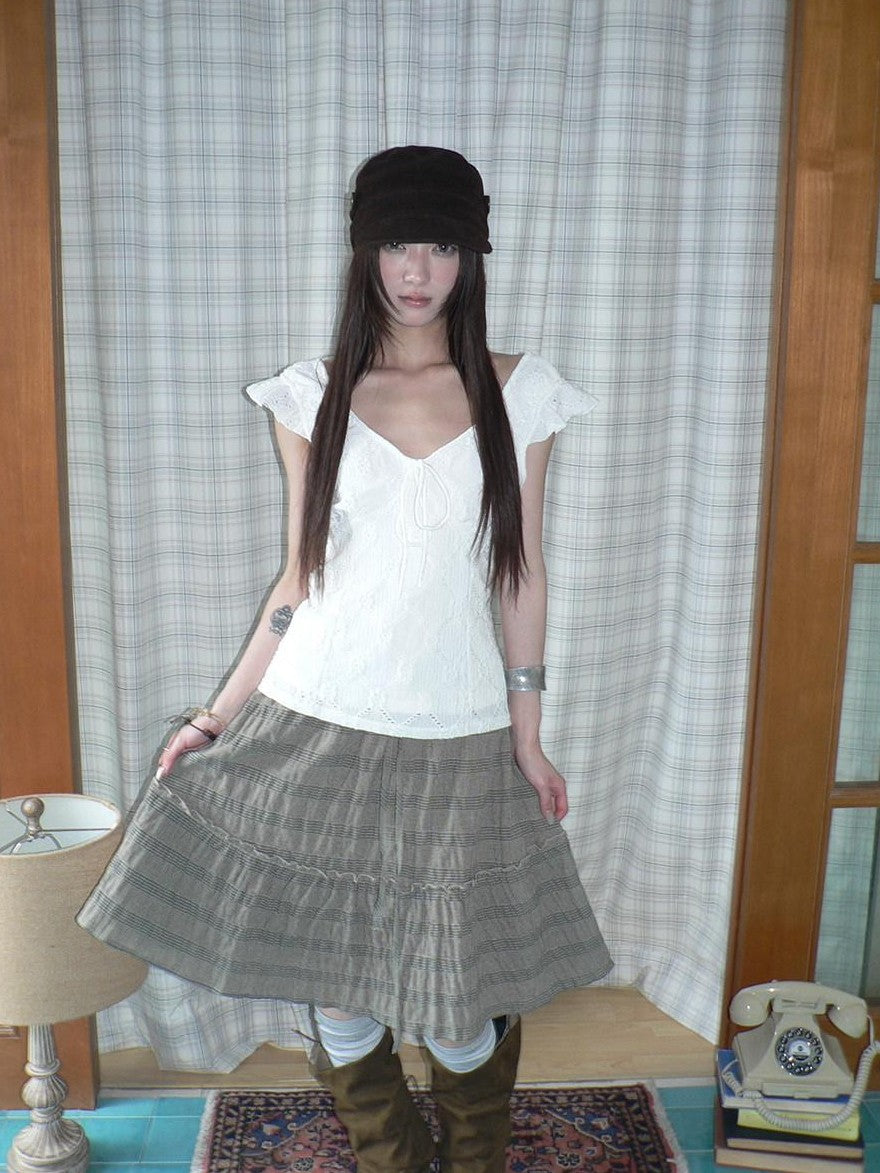 ang project White Cutout Embroidery V-neck Tie Slim Flutter Sleeves Women&