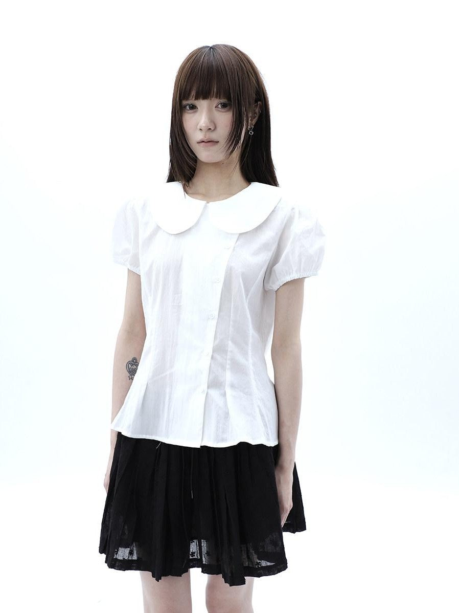 ang project White Doll Collar Slanted Buttons Cinched Waist Women&
