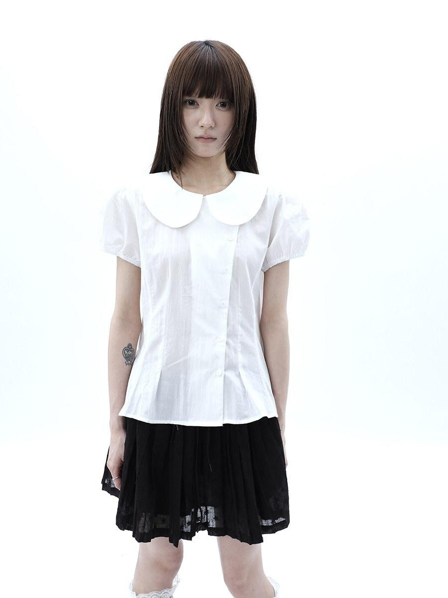ang project White Doll Collar Slanted Buttons Cinched Waist Women&