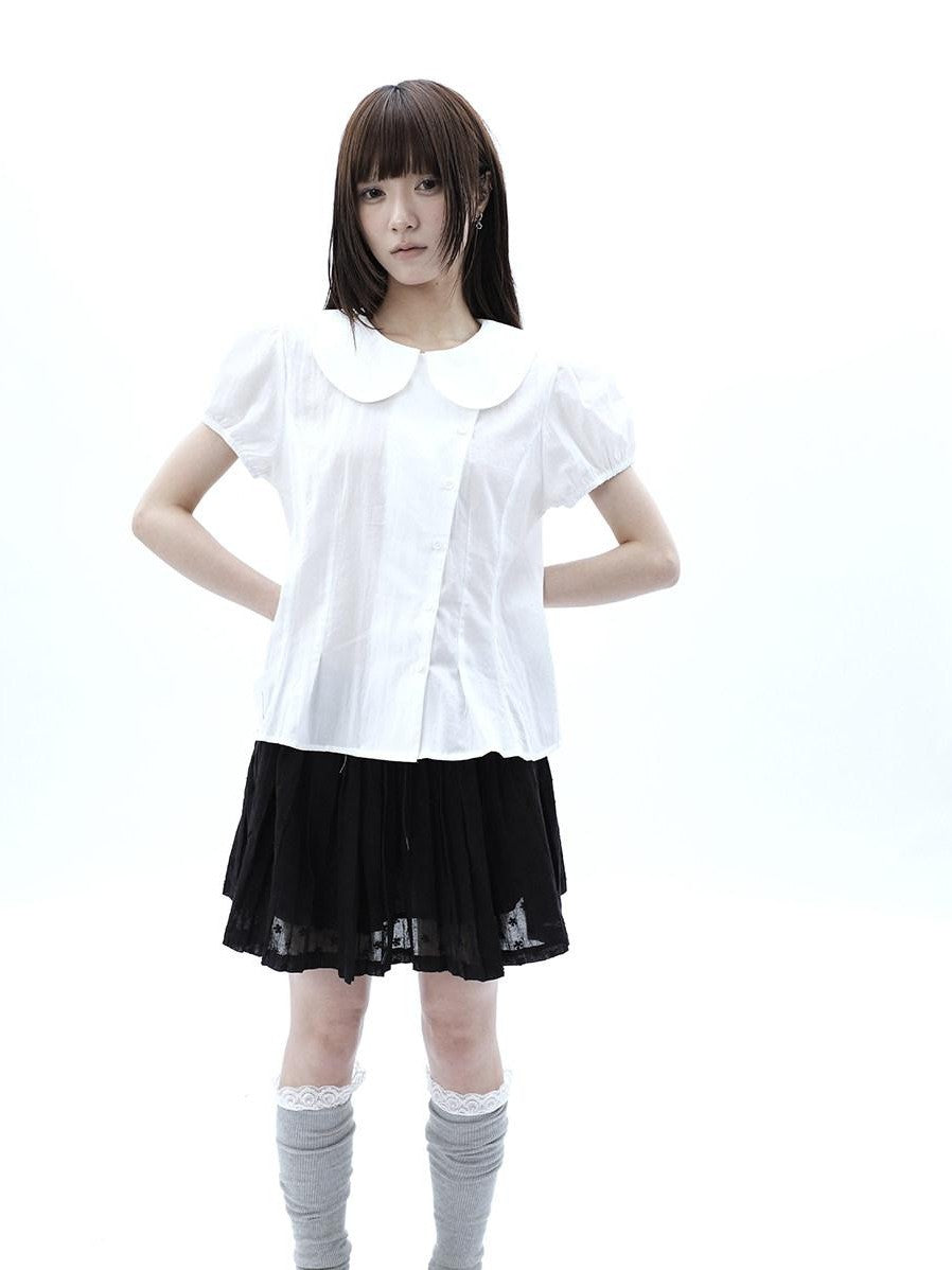 ang project White Doll Collar Slanted Buttons Cinched Waist Women&