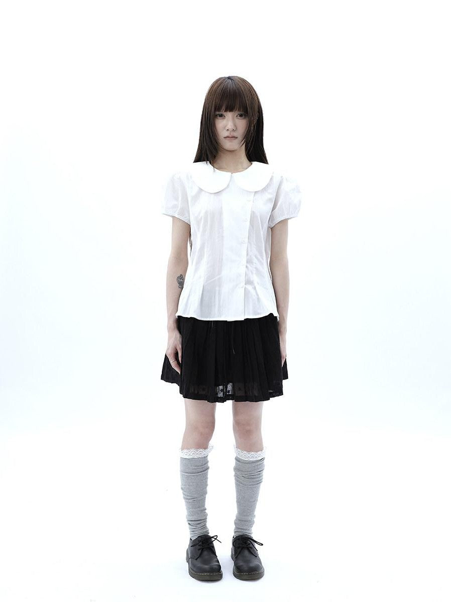 ang project White Doll Collar Slanted Buttons Cinched Waist Women&