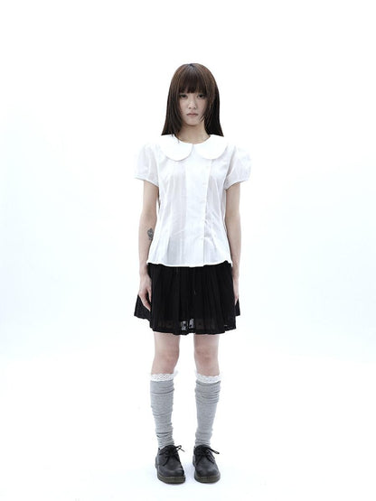 ang project White Doll Collar Slanted Buttons Cinched Waist Women&