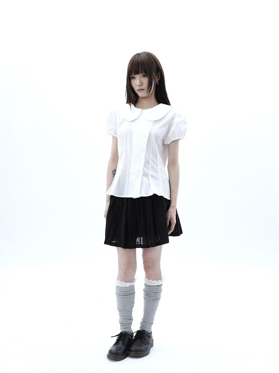 ang project White Doll Collar Slanted Buttons Cinched Waist Women&