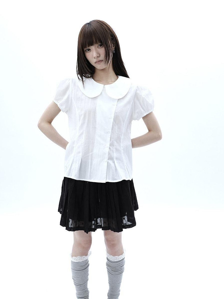 ang project White Doll Collar Slanted Buttons Cinched Waist Women&