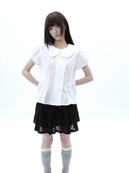 ang project White Doll Collar Slanted Buttons Cinched Waist Women&