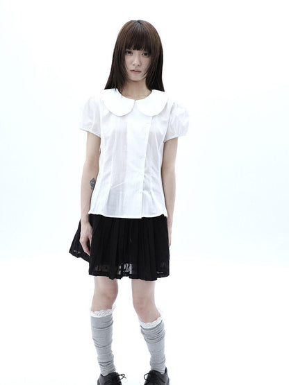 ang project White Doll Collar Slanted Buttons Cinched Waist Women&